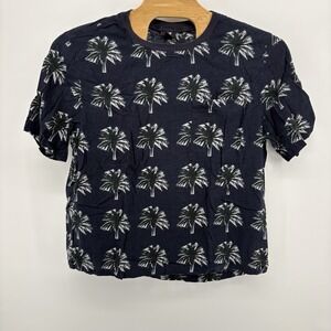 H&M Mens XL‎ Blue Floral Short Sleeve Button Up Shirt Coupe All Over Palm Trees